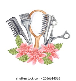Watercolor Hairdressing illustration. Barber shop set. Hand-drawn Hairdresser tools. Perfect for your logo