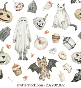 Watercolor Halloween Aesthetic Background. Seamless Pattern With Halloween Pumpkins, Kid In Ghost Costume, Dog, Sweets, Raven. 