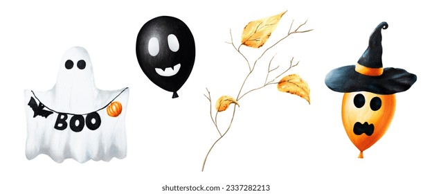 Watercolor Halloween balloons and cute ghost illustration with scary faces and tree branch with golden foliage. Hand painting orange, black, white balloon sketch isolated on white background. For - Powered by Shutterstock