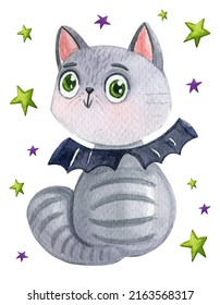 Watercolor Halloween cat postcard