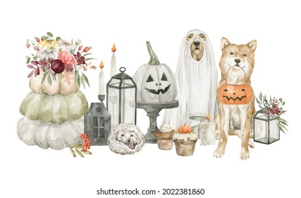 Watercolor Halloween composition with pumpkins, animals, dog, sweets. Autumn holiday. Dog in ghost costume, candles, cupcakes, flowers. Halloween aesthetic, trick or treat