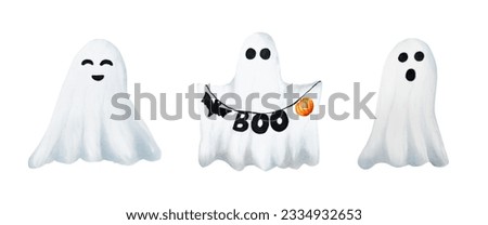 Watercolor Halloween cute ghosts illustration. Hand painting phantoms with faces isolated on white background. For designers, decoration, shop, for postcards, wrapping paper, covers. For posters and t