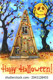 watercolor Halloween greeting card hand  drawn cabin in forest and garland hung house on background trees and falling leaves owl spider spider web   Happy Halloween inscription skeleton moon