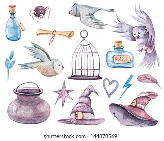 Watercolor Halloween hand painted clipart  Stickers set: owls  hats  bottles  spider