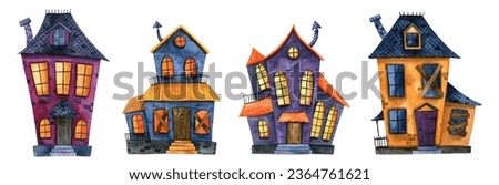 Watercolor Halloween haunted houses. Autumn illustrations of scary, abandoned and mystery houses.