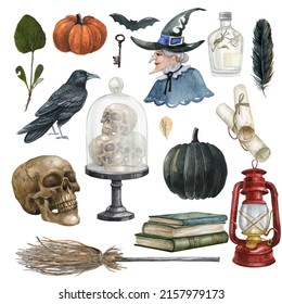 Watercolor Halloween icons.Vintage Victorian Halloween, Halloween decor, mystical witchy elements,skull,book stack, pumpkin, lantern, poison bottle, raven, skull, gothic style