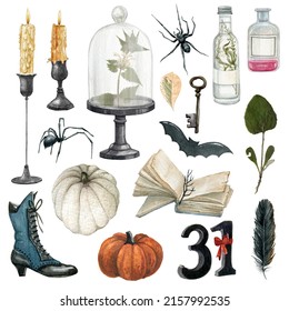 Watercolor Halloween icons.Vintage Victorian Halloween, Halloween decor, mystical witchy elements,open book, pumpkin, candle, poison bottle, bat,witch boot, gothic style