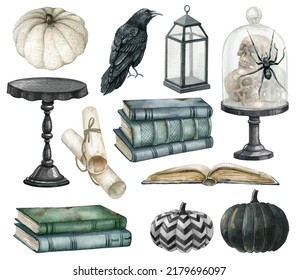 Watercolor Halloween icons.Vintage Victorian Halloween decor, mystical witchy elements,open book, white pumpkin, candle, skull, raven, gothic style set