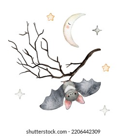 Watercolor Halloween illustration and bat  branch  moon  Night composition isolated white background   Cute cartoon animal character  Hand drawn art  Kidâ€™s party decoration  poster  card