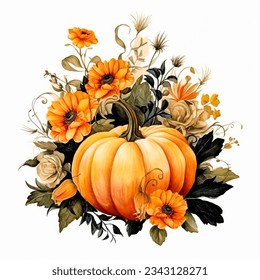 Watercolor Halloween illustration with bright pumpkins, black flowers and leaves, bones drawn by hand. Halloween illustration for sticker, invitation, poster, packaging, designs, cards - Powered by Shutterstock