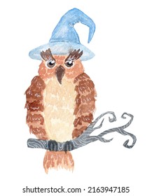 Watercolor Halloween illustration  owl branch and magic witch hat  Isolated white background  Illustration for various festive  children's products  etc 
