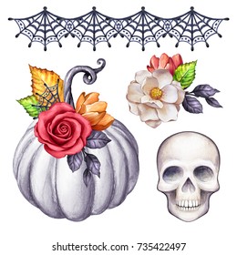 Watercolor Halloween Illustration Thanksgiving Set Floral Stock ...