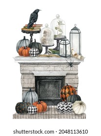 Watercolor Halloween living room composition with fireplace, raven pumpkins, book, candles, skull. Realistic illustration,gothic  home design