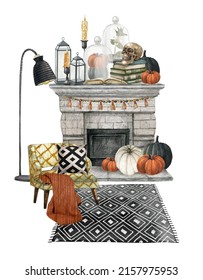 Watercolor Halloween living room composition with fireplace, scull, pumpkins, book, candles, skull. Realistic illustration,gothic  home design