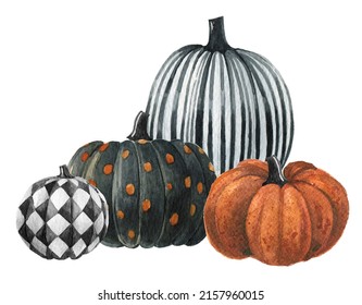 Watercolor Halloween Pumpkin Composition.Autumn Farmhouse Decor.Thanksgiving Decor,Colored Checkered Pumpkins ,striped,polka Dots Pumpkin,black And White Pumpkin On Stands