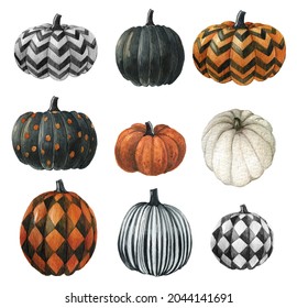 Watercolor halloween pumpkin.Autumn farmhouse decor.Thanksgiving decor,Colored checkered pumpkins ,striped,polka dots pumpkin,black and white pumpkin  - Powered by Shutterstock