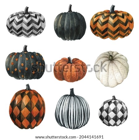 Watercolor halloween pumpkin.Autumn farmhouse decor.Thanksgiving decor,Colored checkered pumpkins ,striped,polka dots pumpkin,black and white pumpkin 