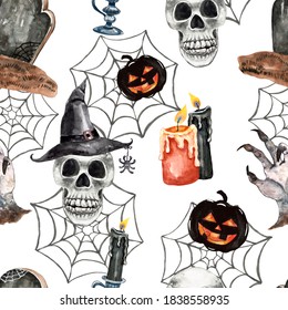Watercolor Halloween seamless pattern and creepy Jack O lantern pumpkin  scary skull in hat  spider web  orange   black candles white background  Festive October 31 themed holiday print 