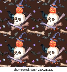 Watercolor Halloween Seamless Pattern. Creepy, Horror, Spooky, Fear Background. Cute Cartoon Halloween Backdrop. Skull, Jack O Lantern, Pumpkin, Bat, Spooky, Boo. Texture, Fabric, Paper, Wallpaper
