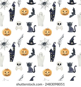 Watercolor halloween. Seamless pattern with haunted house, bat and different elements for the holiday. - Powered by Shutterstock