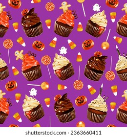 Watercolor Halloween seamless pattern illustration. Funny Halloween print with lollypops, candy corn, cakes and pumpkin on violet background. Creepy 31 of October holiday wallpaper. - Powered by Shutterstock