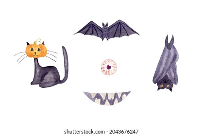 Watercolor Halloween set and cat  bats  gouged out eye   toothed smile  Set for stickers   decals 