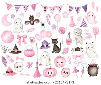 Watercolor halloween set. Hand drawn festive elements. Black cat, bat, pumpkin, ghost on a white background.  Hand painted illustration. - Powered by Shutterstock