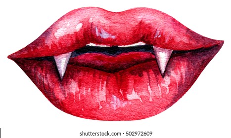 Watercolor halloween set with hand drawn illustration of cute yooung vampires lips isolated on white. Great details for greeting card, invitation, costume, packaging, pattern, textile design.