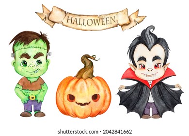 Watercolor Halloween Set, Illustration With Halloween Characters, Merry Halloween, Kids Halloween Print 