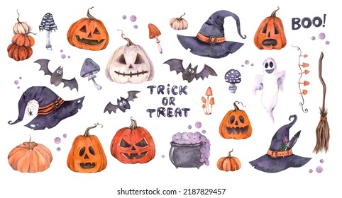 watercolor halloween set isolated hats  bats   pumpkins the white background 
