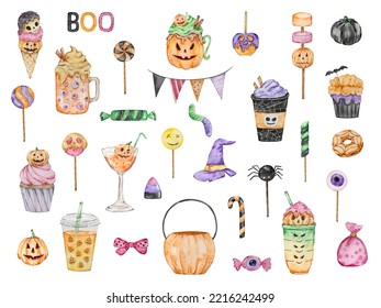 Watercolor Halloween set spooky drinks  coffee  lollipops   candies isolated