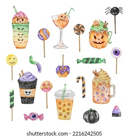 Watercolor Halloween set spooky drinks   candies isolated