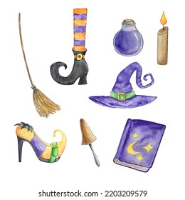 Watercolor Halloween Set Of Witch Hat, Broom, Spell Book And Shoe On White Background