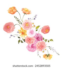 Watercolor hand draw floral bouquet in color of peach fuzz, peachy flowers, isolated on white background, wedding invitations, card, posters. Botanical arrangements. - Powered by Shutterstock