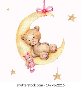 Watercolor hand draw illustration brown teddy bear girl sleeping on the moon with pink doll toy in his hand; can be used for cards, invitations, baby shower, posters; with white isolated background