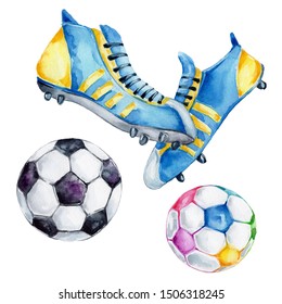 Watercolor hand draw illustration set soccer ball and soccer shoes; with white isolated background