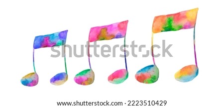 Watercolor hand draw illustration set with rainbow colorful musical notes, music staff, rainbow splash, with white isolated background [[stock_photo]] © 