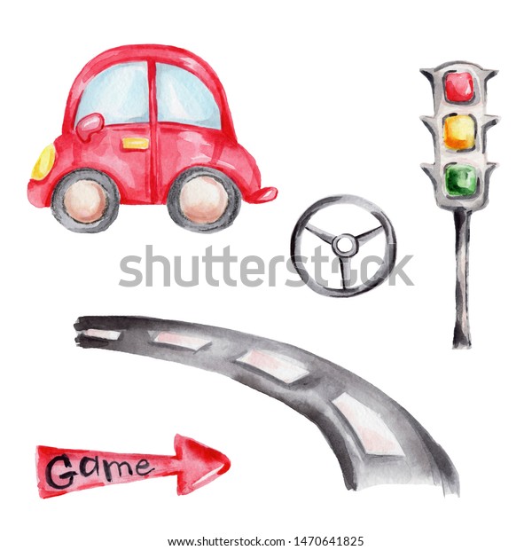 Watercolor hand draw\
illustration set with cartoon red car and steering wheel, traffic\
light, road and red arrow; children illustration; with white\
isolated\
background