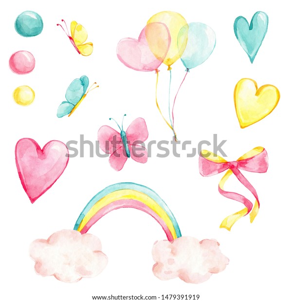 クリエイティブな虹 パステル風船 ピンク 黄色と青のハート 円 かわいい蝶 ピンクと黄色のリボン 蝶結び を使った水彩手描きのイラスト セット 白い背景に のイラスト素材