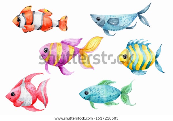 オレンジと赤 青と緑 黄色と紫の魚を使った水彩の手描きのイラストセット 白い背景に のイラスト素材