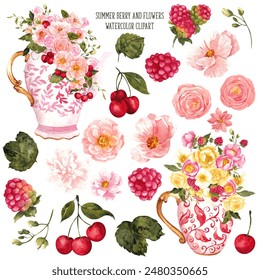 Watercolor hand draw illustration with summer berry, cherry, currant, strawberry, raspberry, floral arrangements, vase and botanical bouquet, isolated on white background - Powered by Shutterstock