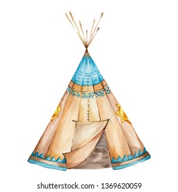 Watercolor hand draw ilustration  with indian wigwam (teepee); boho style; with white isolated background