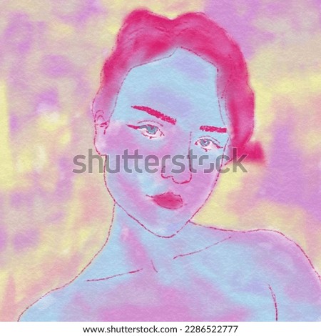 Watercolor hand draw portrait of a girl by henri matisse technique. Purple yellow blue color. Fauvism art. Artistic.  Wallpaper. Decor Printable Art, Abstract Art Prints, Modern Wall Art, Hand drawn.