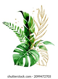 watercolor hand drawing. bouquet, composition of tropical leaves. gold and green leaves of palm, monstera. rainforest leaves