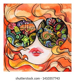 watercolor hand drawing  hippie girl in sunglasses  red hair curls  red lips