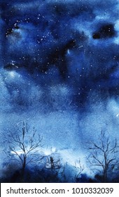 watercolor hand drawing night sky with stars deep blue and black background silhouettes of winter trees and forests