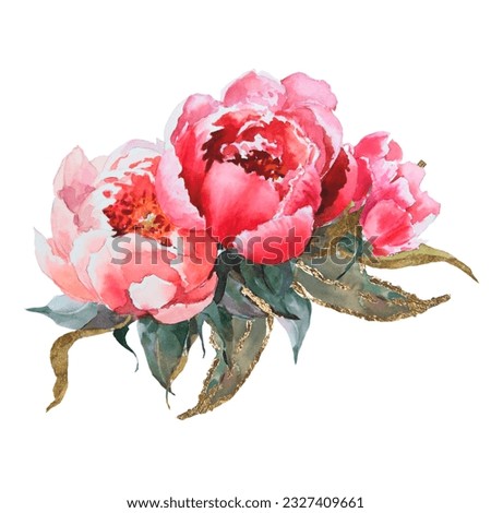 Watercolor hand drawing pink peonies bouqet with golden potal on white background. . Bouquet perfectly for printing design on invitations, cards, wall art and other.