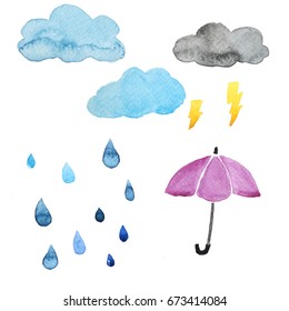 Watercolor Hand Drawing Of Rainy Set / Things That People Always Thinking Of When It Is Rain / Watercolor Painting Of Rainy Icon Set / Rainy Season Symbol / Cute Watercolor Seamless Pattern 