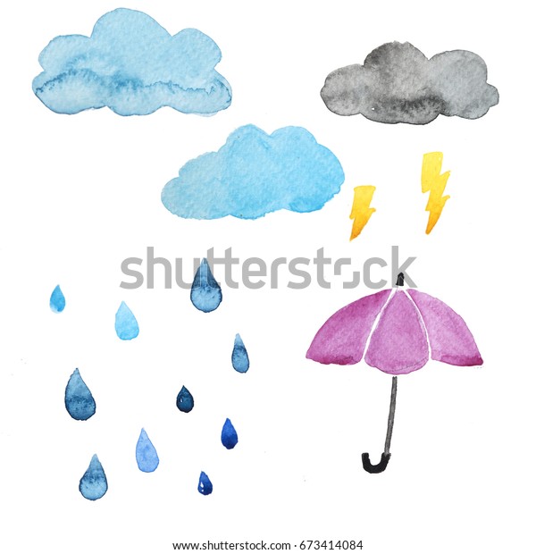 雨の時に思い描く水彩の手描き 雨の時に思い描く水彩のアイコンセット 雨の時のシンボル かわいい水彩のシームレスパターン のイラスト素材