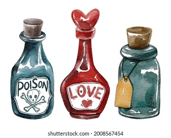 Watercolor hand drawing set of stylised bottles. Use for poster, print, card, postcard, banner, harvest festival, shop, textile, template, pattern